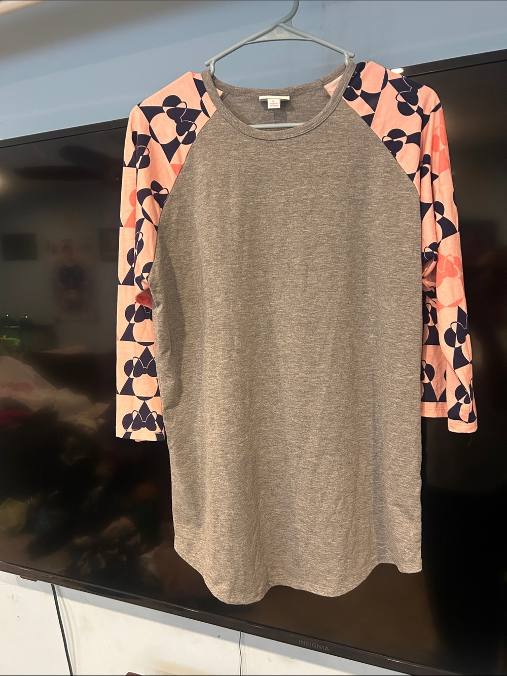 LuLaRoe Gray Raglan Top with Pink and Navy Floral Sleeves
